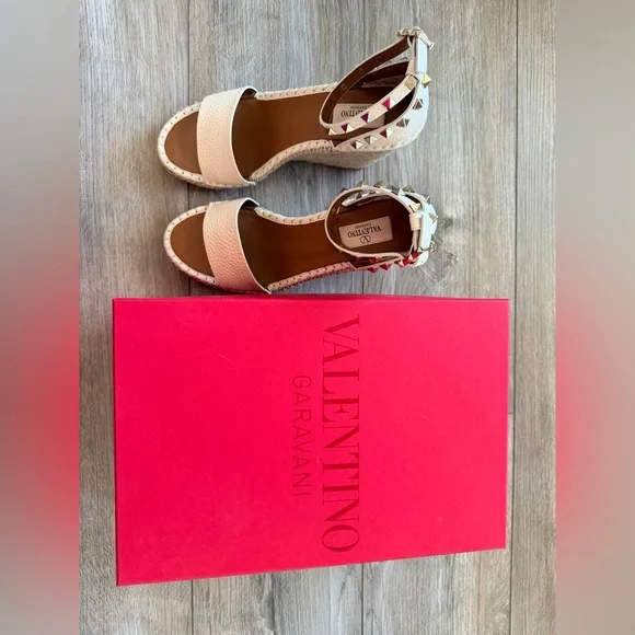 Valentino Double Rockstud Grainy Calfskin Wedge Sandal - Picture 3 of 9